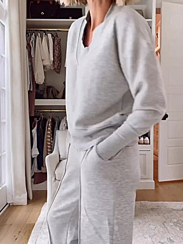 Women's Split Joint Plain Daily Going Out Two-Piece Set White Casual Spring/Fall Top With Pants Matching Set