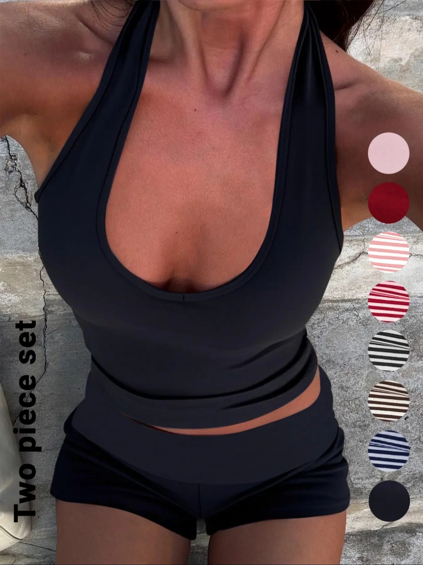 Women's Casual Striped Halter Neck Crop Top & Shorts Set, Summer Fitted Two-Piece, Regular Length, Moderate Fabric Thickness, Womenswear