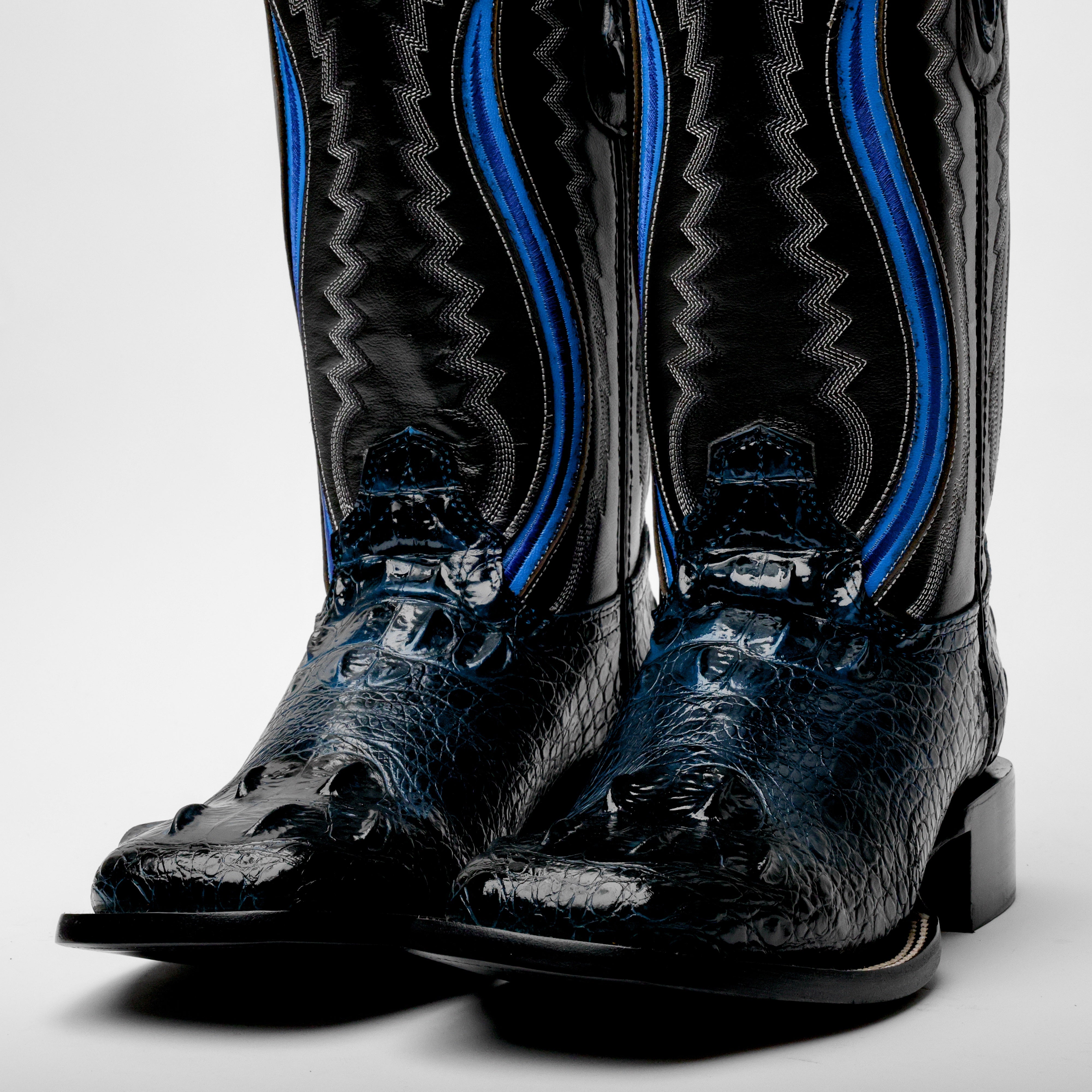 Midnight Blue Giant Caiman Hornback Leather Boots - Square Toe