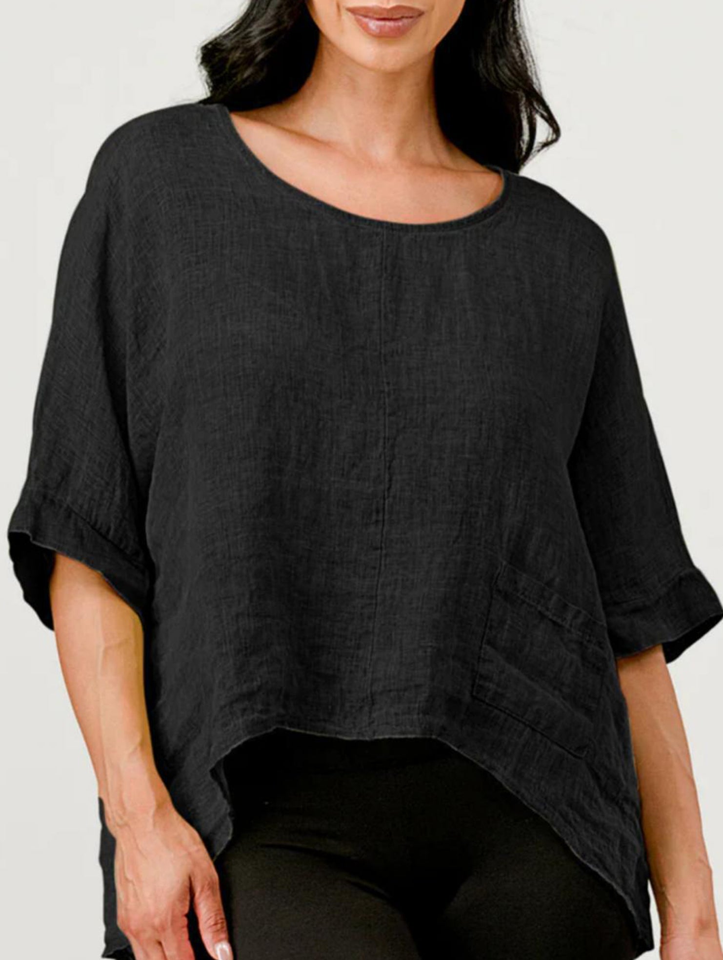 Round Neck Cotton Linen Short Sleeve Shirt_CWTBLL02279