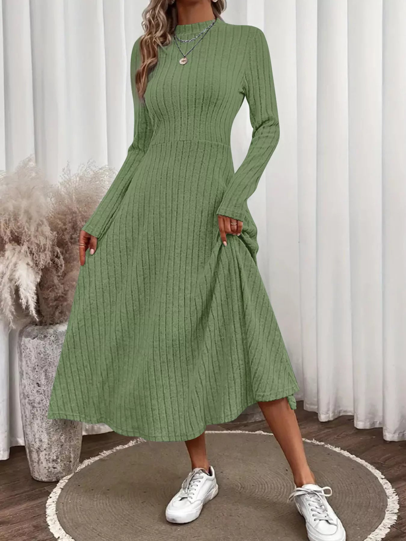 Ribbed Knit A-Line Midi Dress