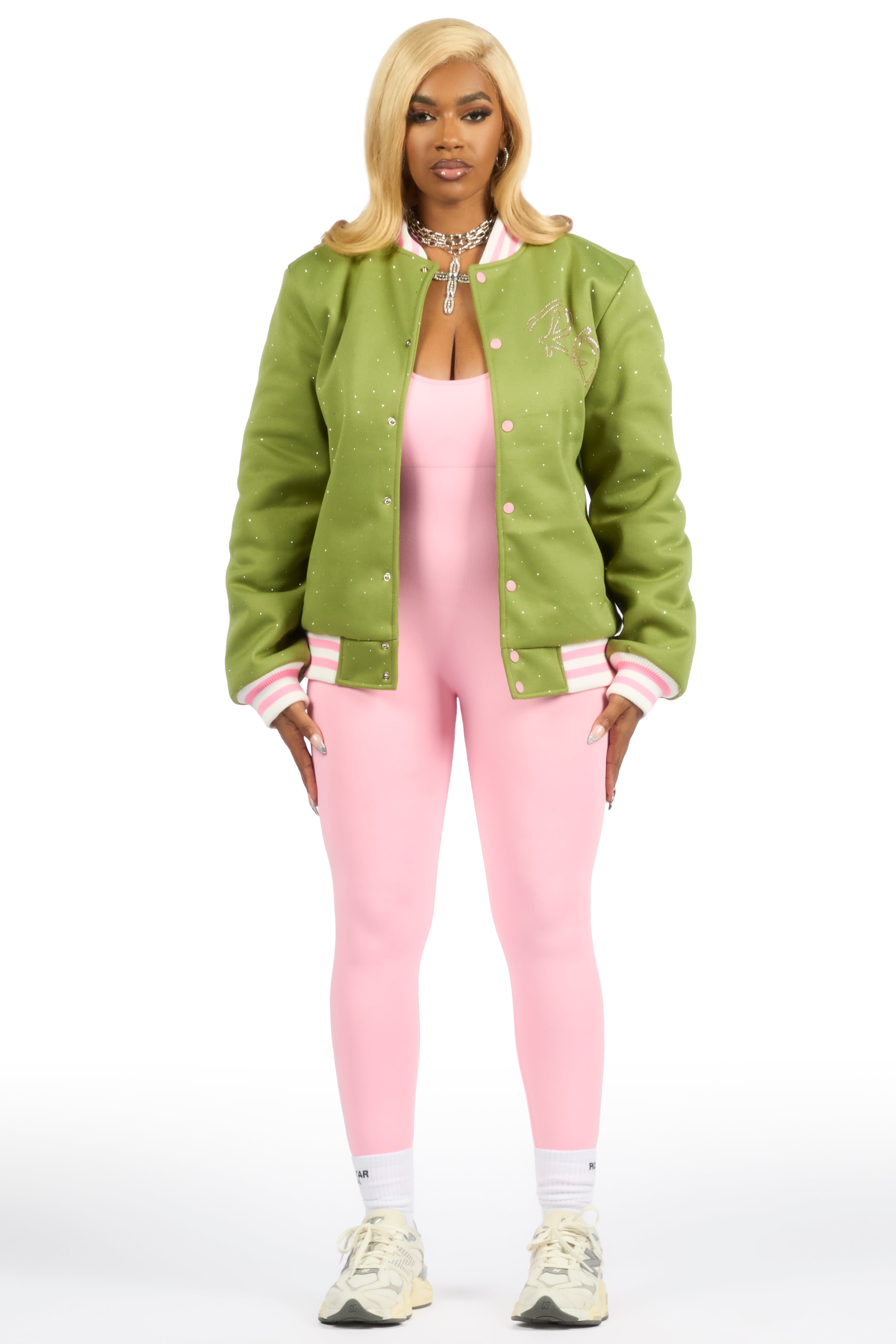 Alonza Green/Pink Rhinestone Varsity Jacket