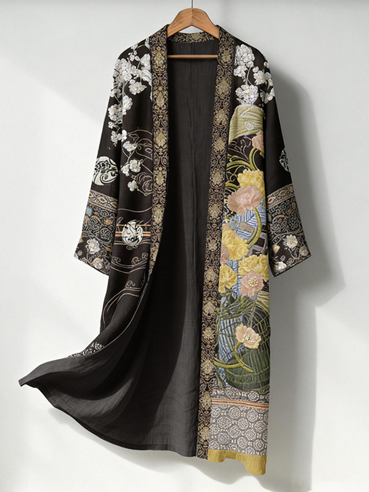 Men's Retro Japanese Art Print Linen Long Kimono