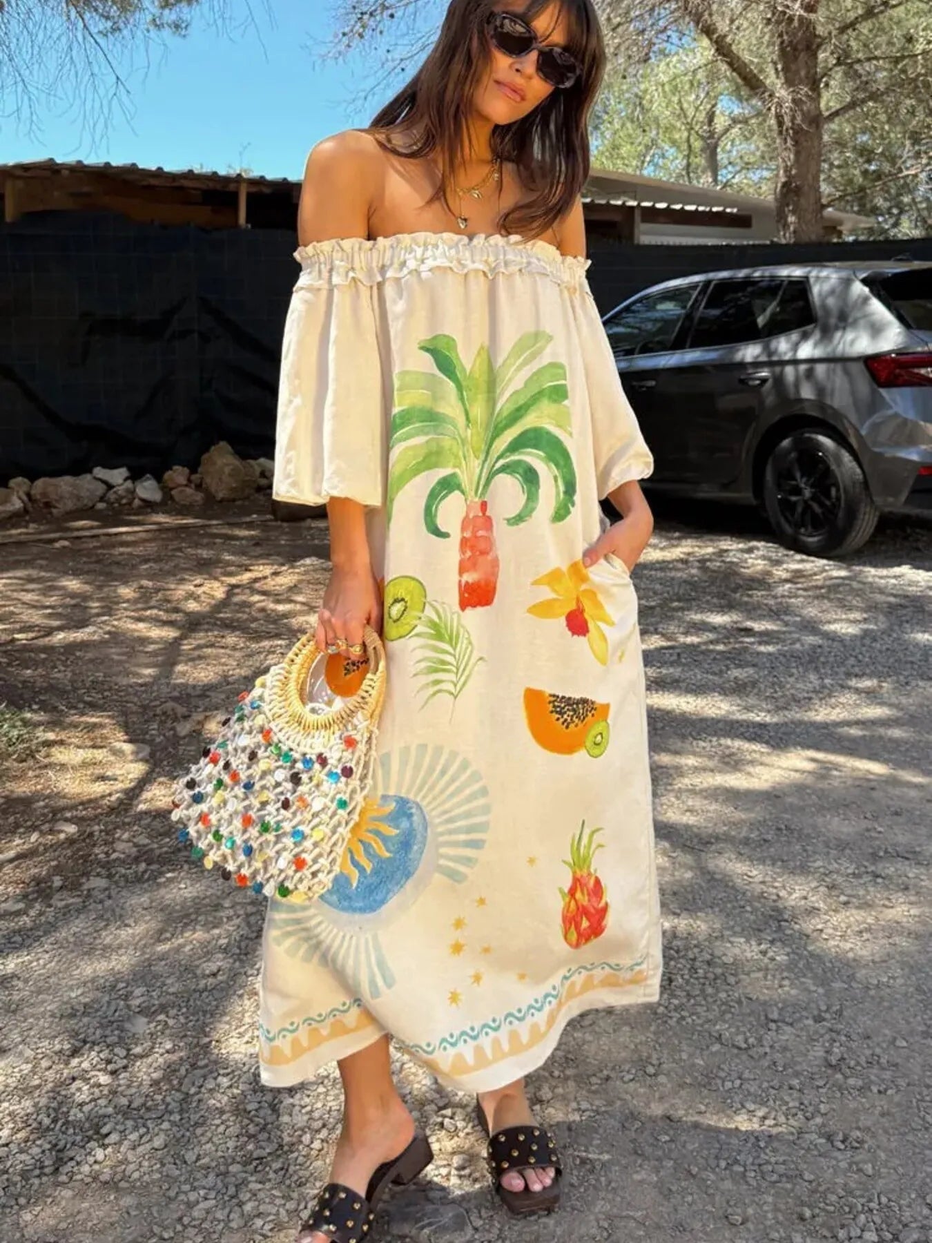 Frill Printed Off-Shoulder Dress