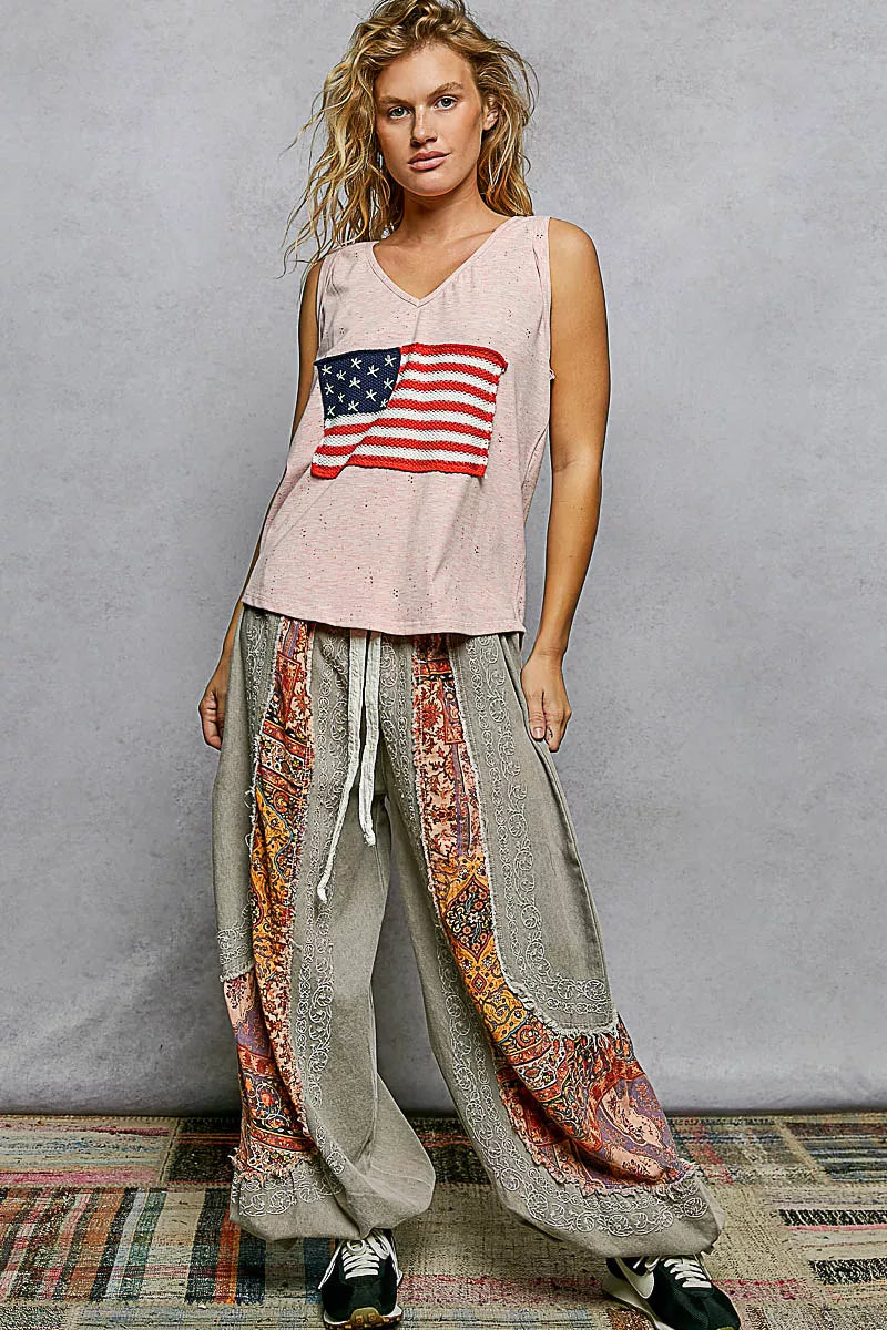 POL V-Neck Ribbed Tank with American Flag Patch and Star Back Patch