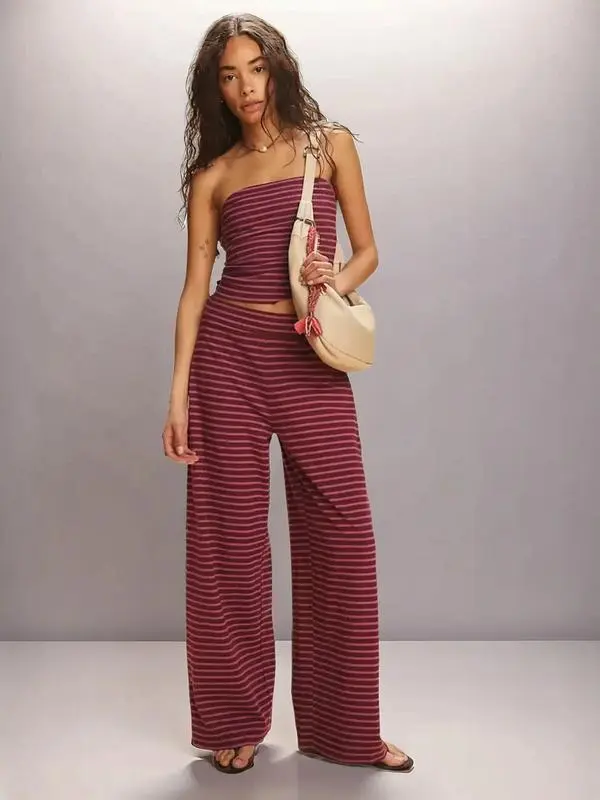 Women's Striped Print Crop Tube Top & Wide Leg Pants Set