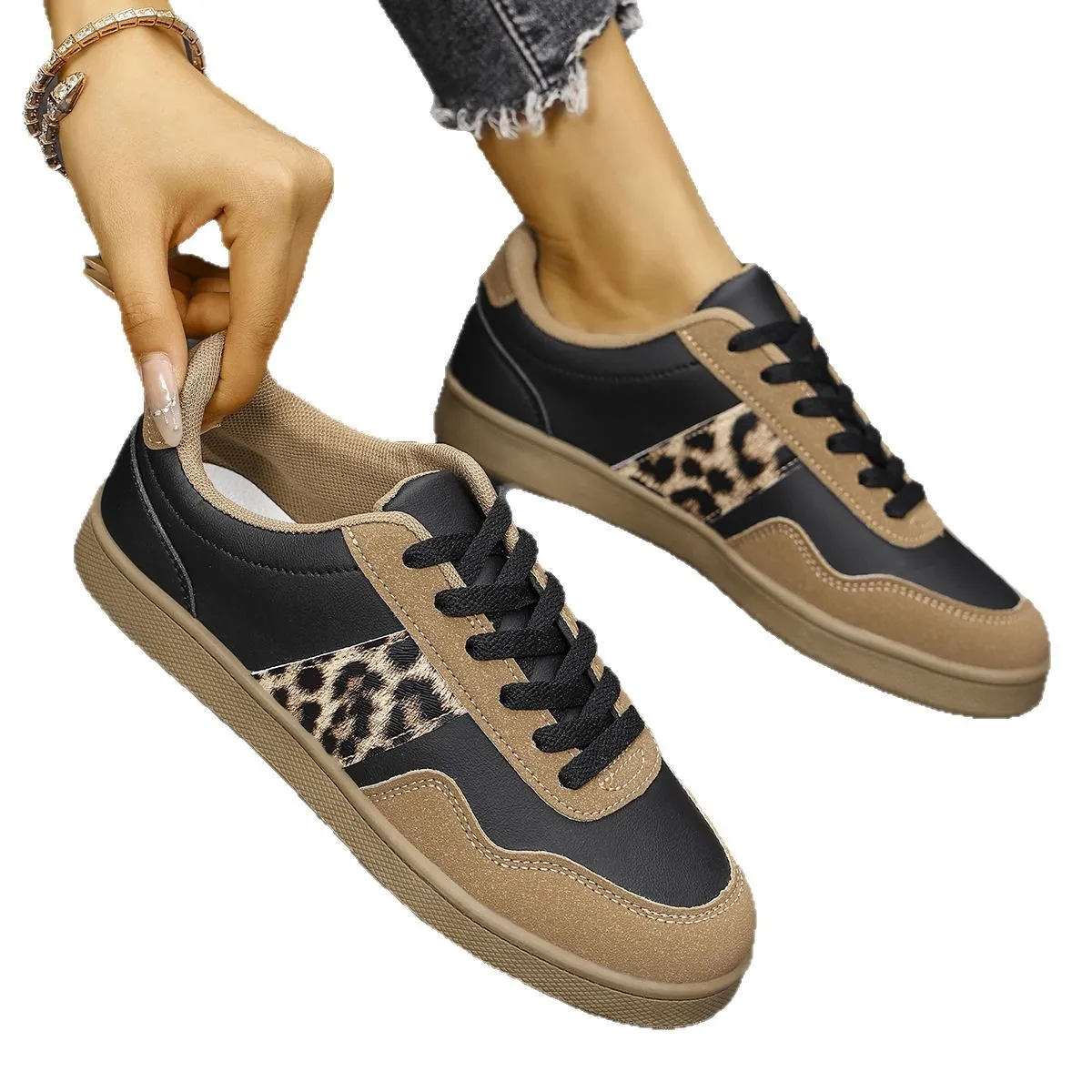 Leopard Lace Up Round Toe Sneakers (2 color options)