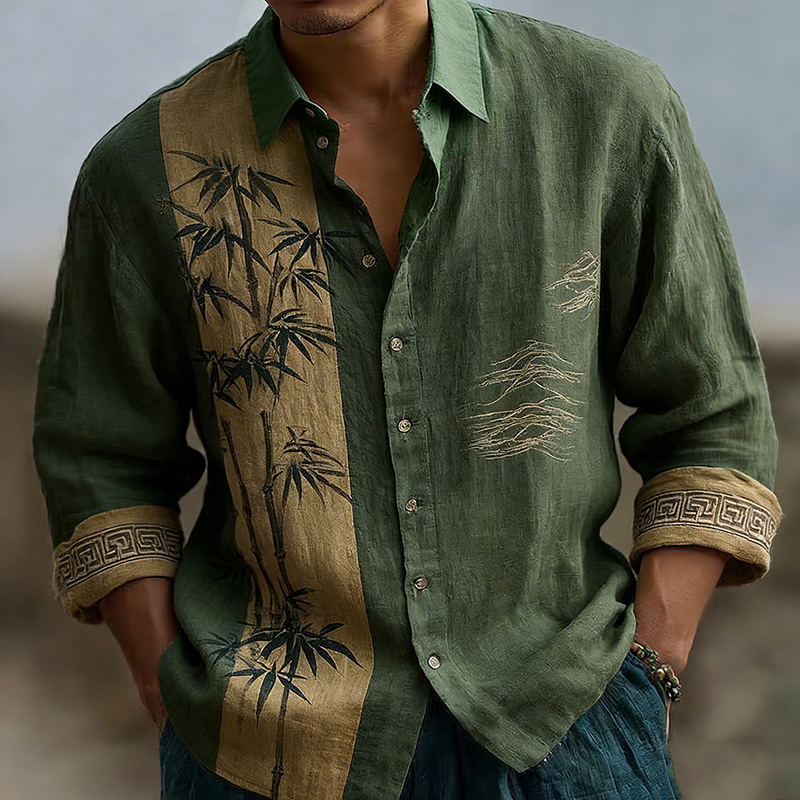 Japanese Bamboo Pattern Embroidered Color Blocked Linen Blend Shirt