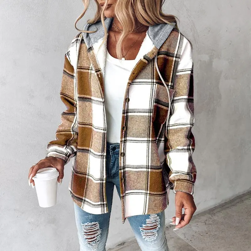 Women's Plaid Pattern Shacket  Hooded Jackets