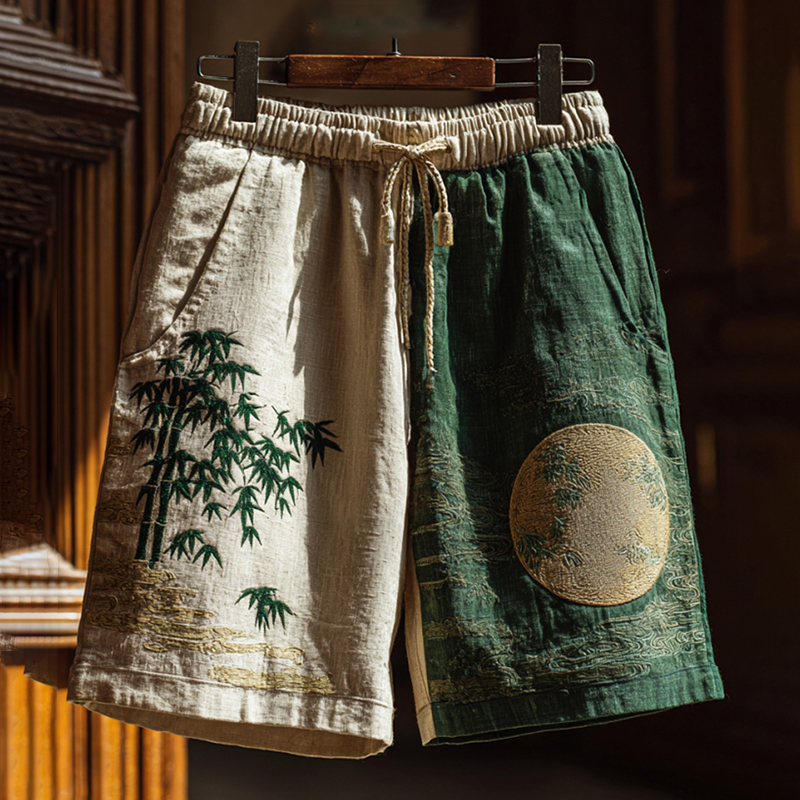 Japanese Bamboo Forest Full Moon Night Art Print Linen Blend Casual Shorts