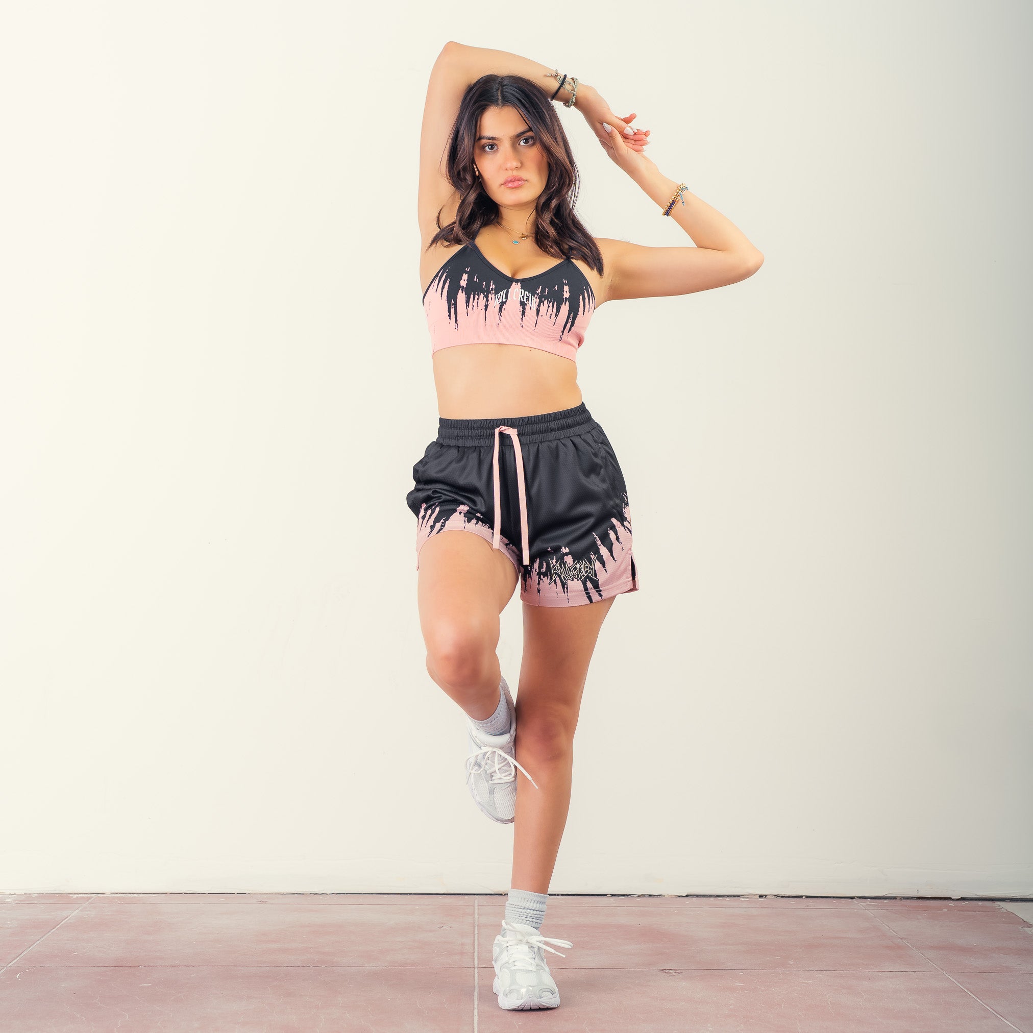 MUAY THAI SHORTS (MID THIGH CUT) SHATTER - BLACK / ROSÉ