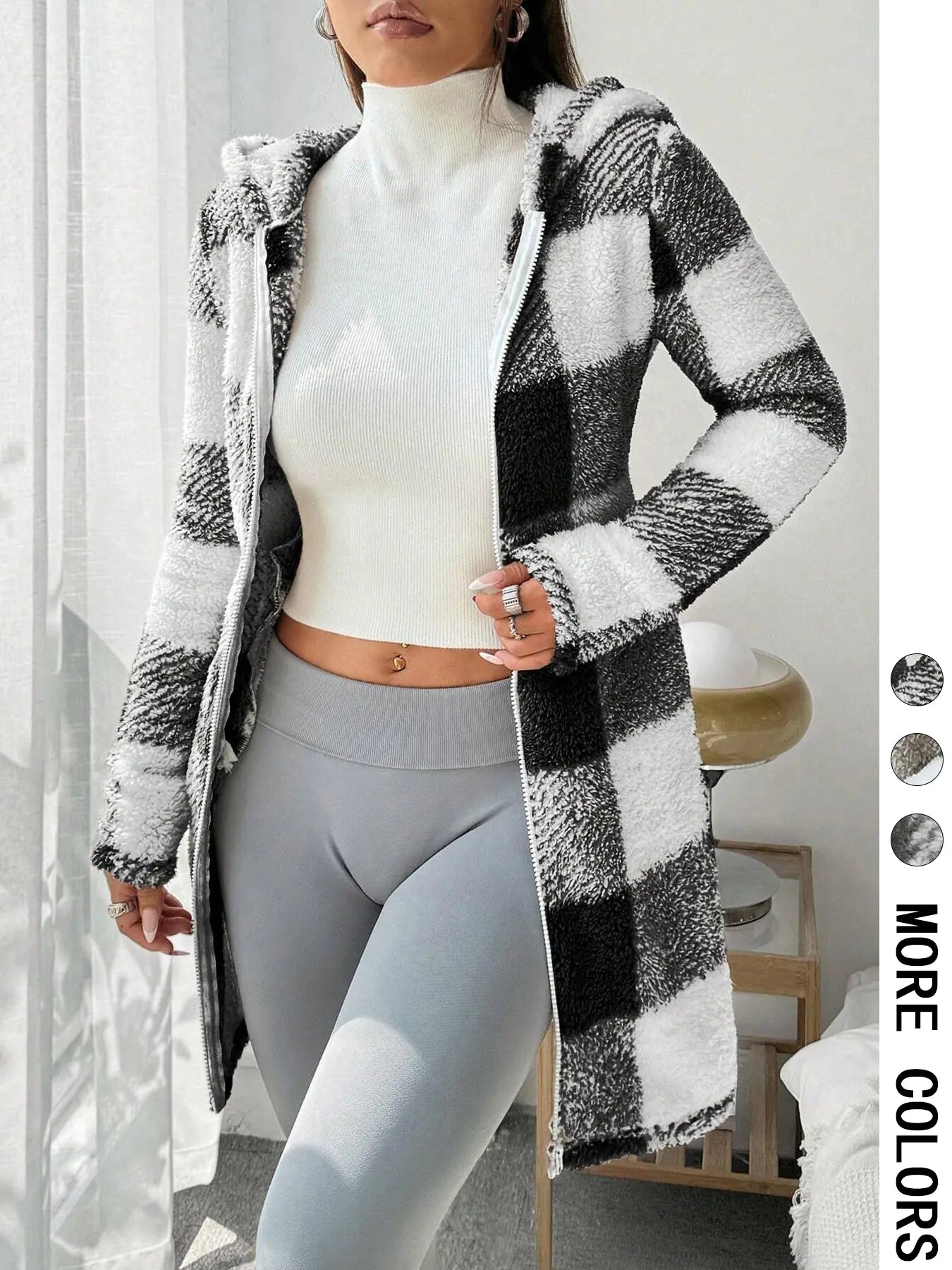 Women's Plaid Fleece Long Sleeve Hooded Coat, Casual Style, Moderate Fabric Thickness, All Seasons Wear, Comfortable Fit