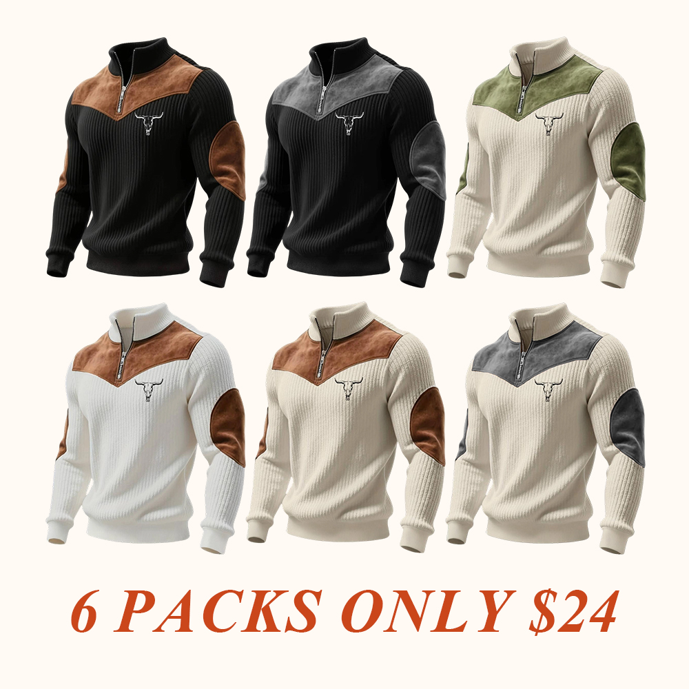 Men's Stand Collar Pullover Sweater, Autumn Winter Warm Half Zip Cow Head Print