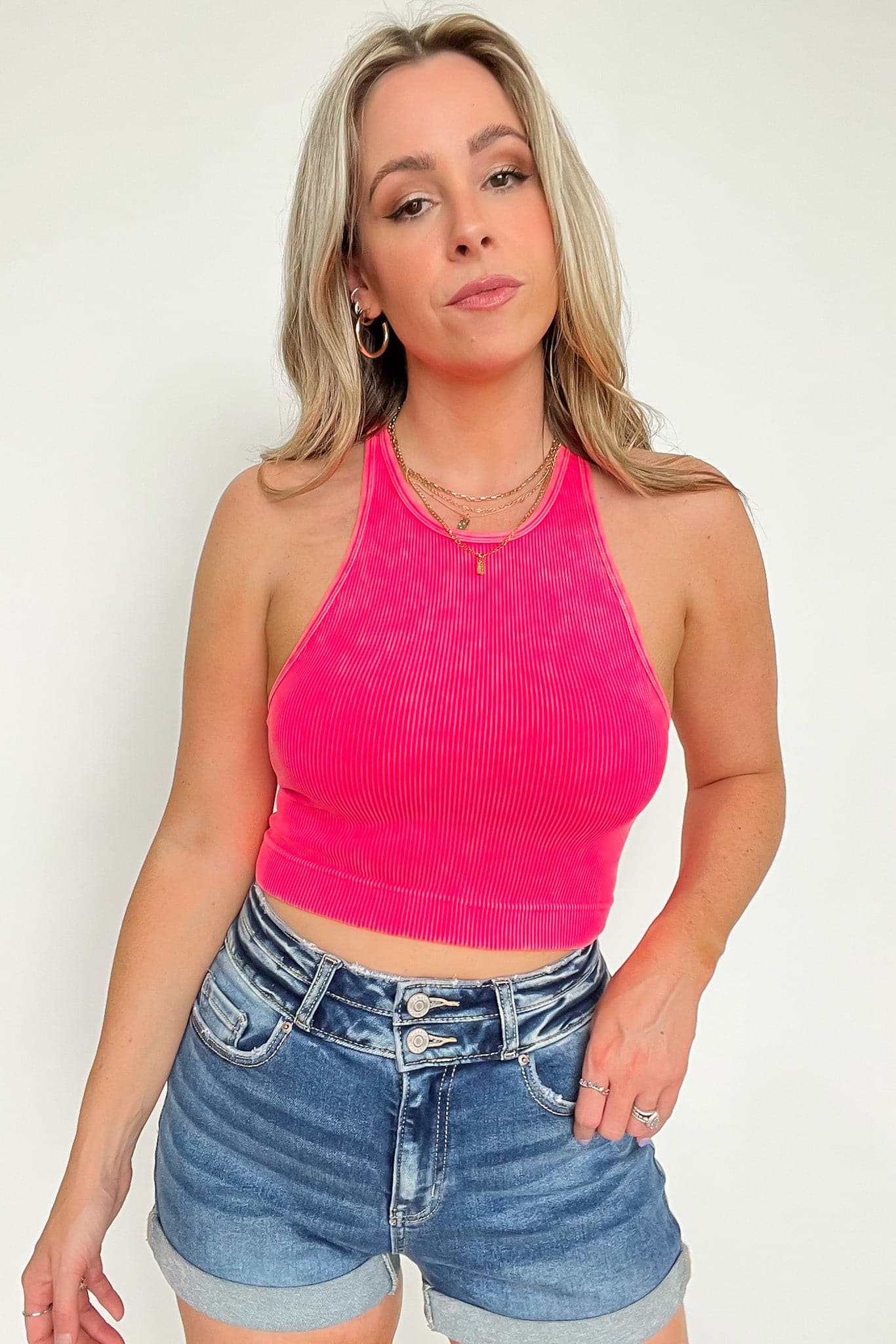 Washed Ribbed High Neck Cropped Tank Top