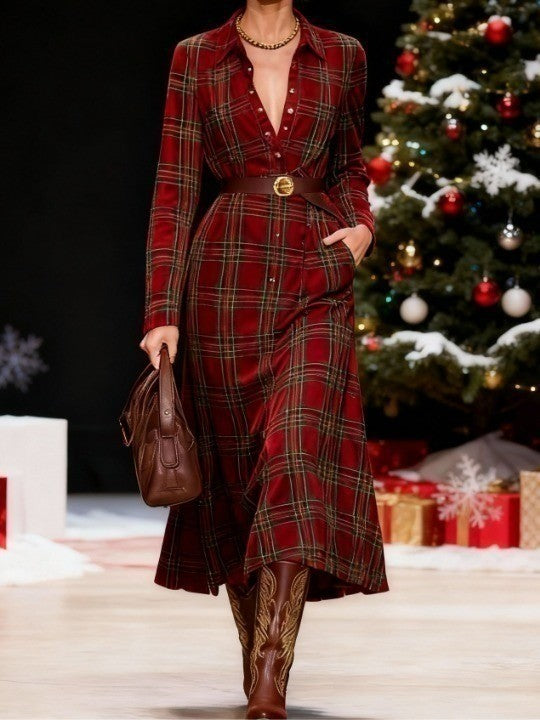 Christmas red plaid collar button-down shirt dress(Includes belt)