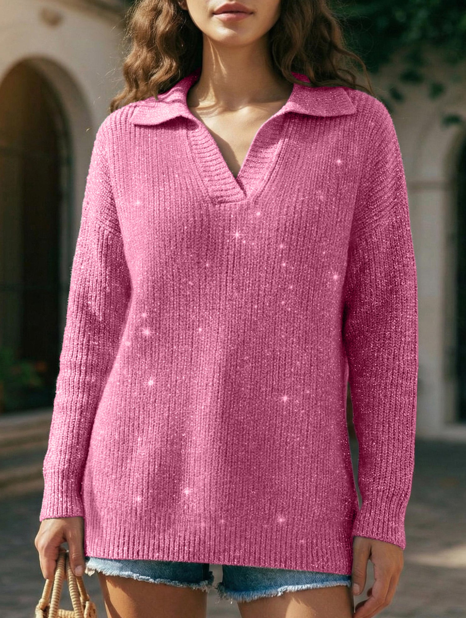 Loose-fitting, silver-threaded, sparkly T-shirt_CWOSWL09205