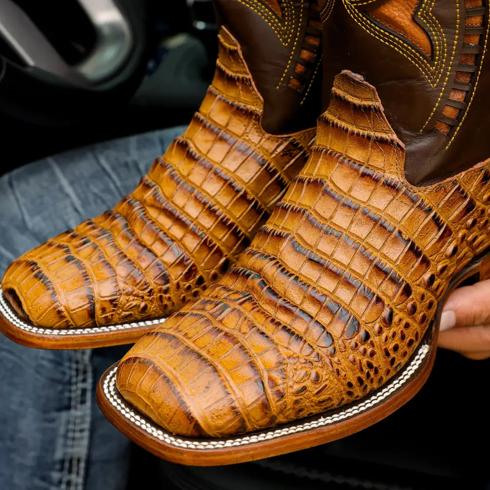 Honey Caiman Belly Leather Boots - Square Toe