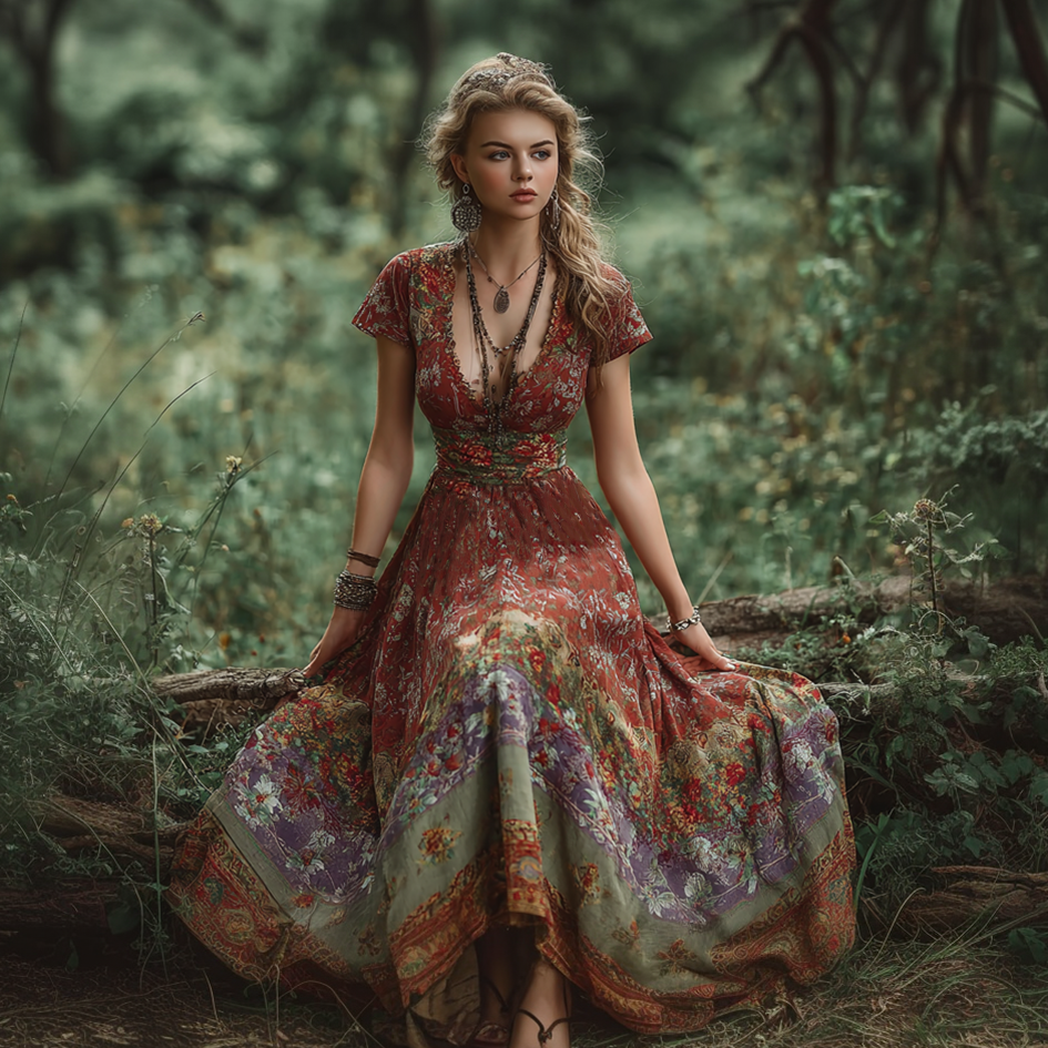 Bohemian Style Retro Floral Pattern Women's V-neck Dress