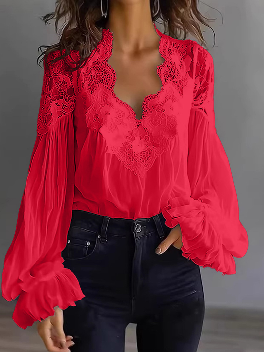 Women's Lace Patchwork Puff Sleeve Shirt
