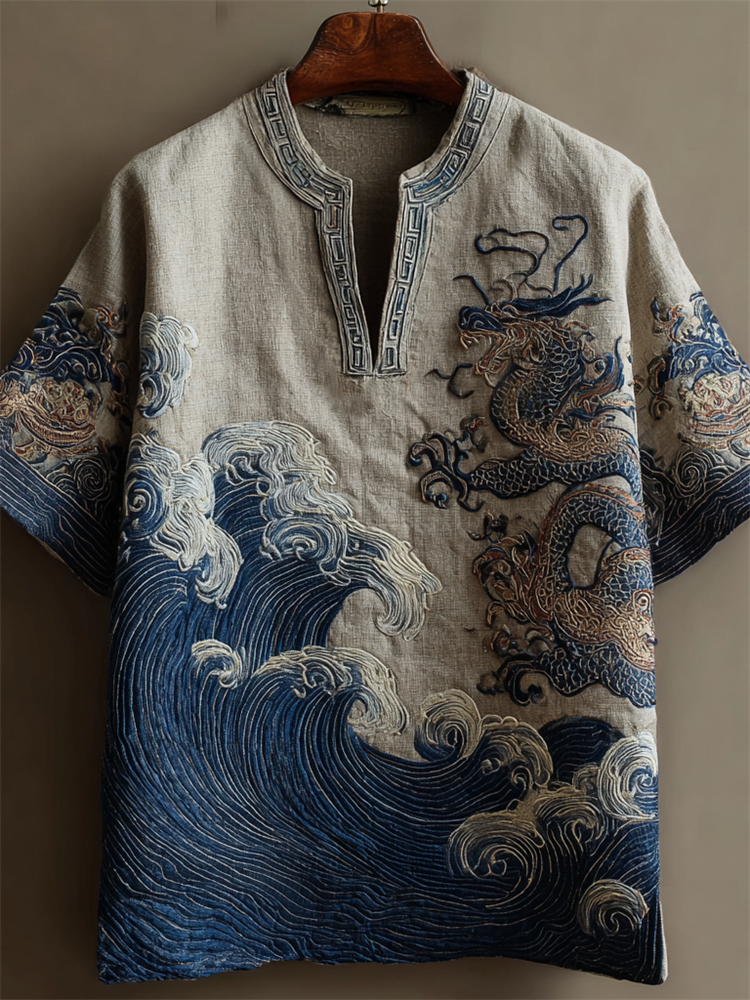 Japanese Sea Waves & Dragon Embroidered Linen Shirt