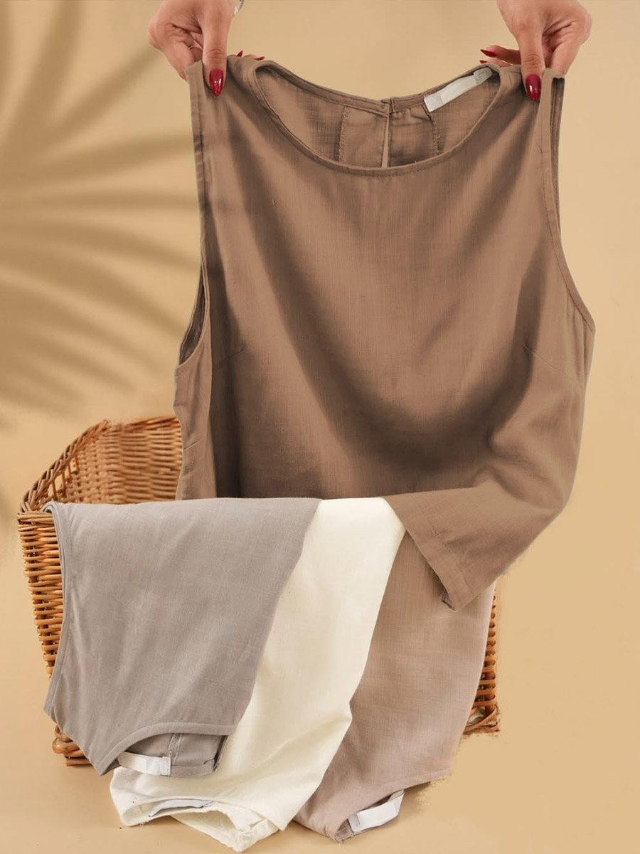 Women's Solid Color Round Neck Sleeveless Casual Linen Vest Top