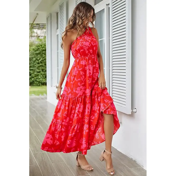 PrettyGarden Boho Chic Floral Maxi Dress - One Shoulder, Ruffle, Sleeveless, Flowing Summer Beach Wedding Guest Dress- Womenswear