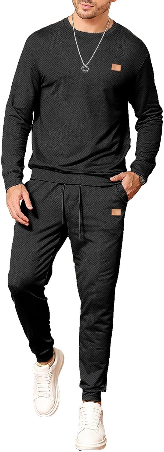 Men's 2 Piece Outfits Knit Jacquard Pullover Sweatshirt Tracksuit & Joggers Sweatpants Sweatsuit Sets with Pockets
