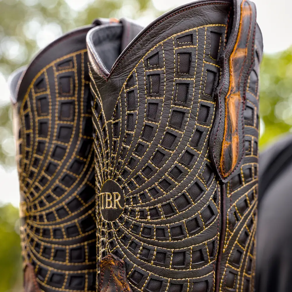 Matte Rustic Black/Honey Pirarucu Leather Boots - Square Toe