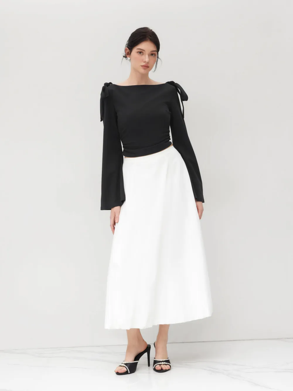 Boat Neck Gingham Bowknot Ruched Long Sleeve Top