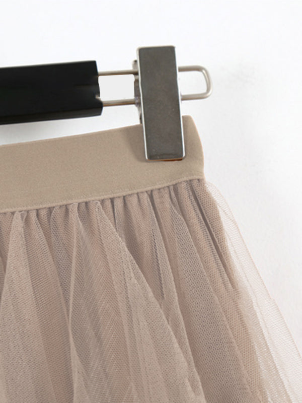 Fairy Mesh Splicing Solid Color High Waist Midi Skirt