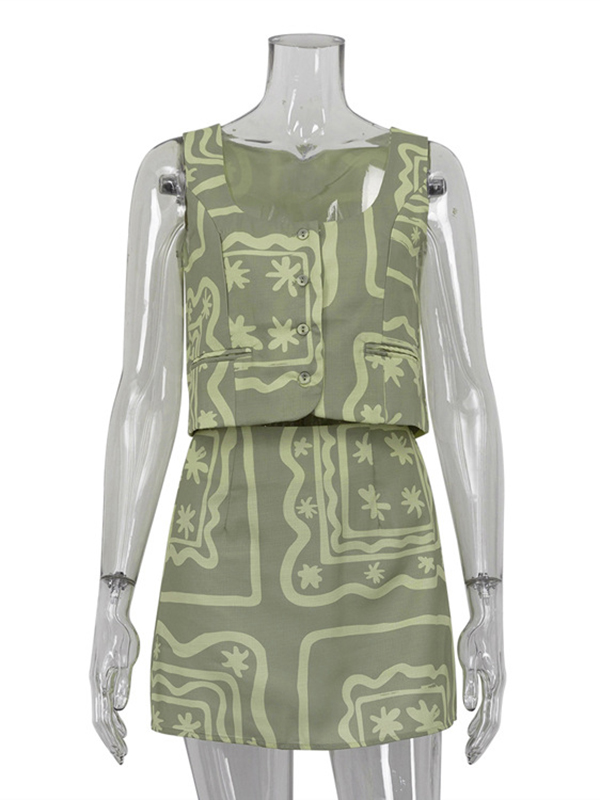 Printed Split-Joint Loose Sleeveless Buttoned Pockets Square-neck Vest Top + Skirts Bottom Two Pieces Set