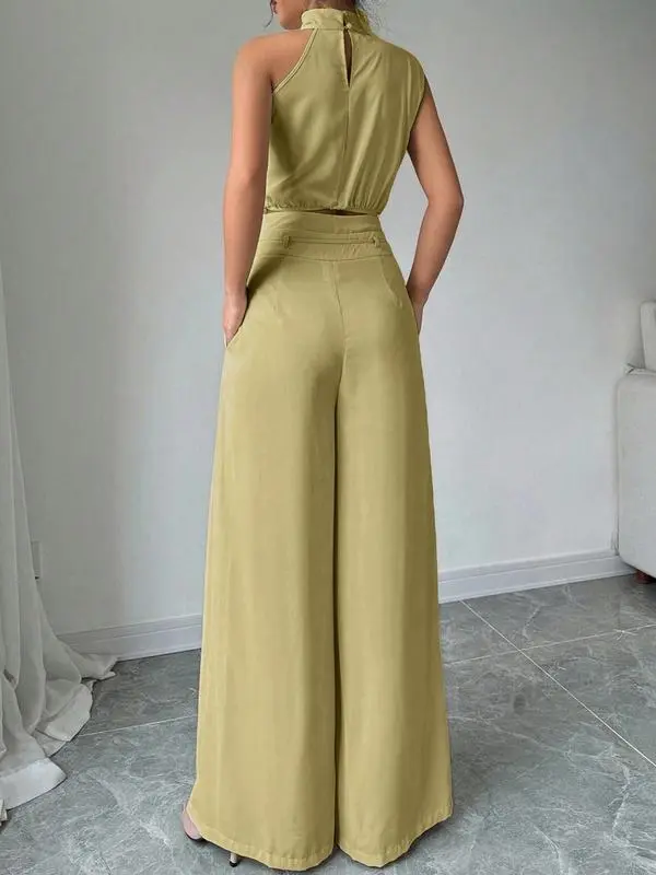 Women's Solid Color Crop Tank Top & Wide Leg Pants Two-piece Set