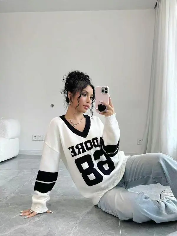 Autumn Winter Color Block V Neck Sweater for Women