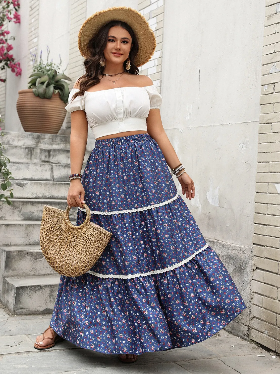 Floral Elastic Waist Maxi Skirt