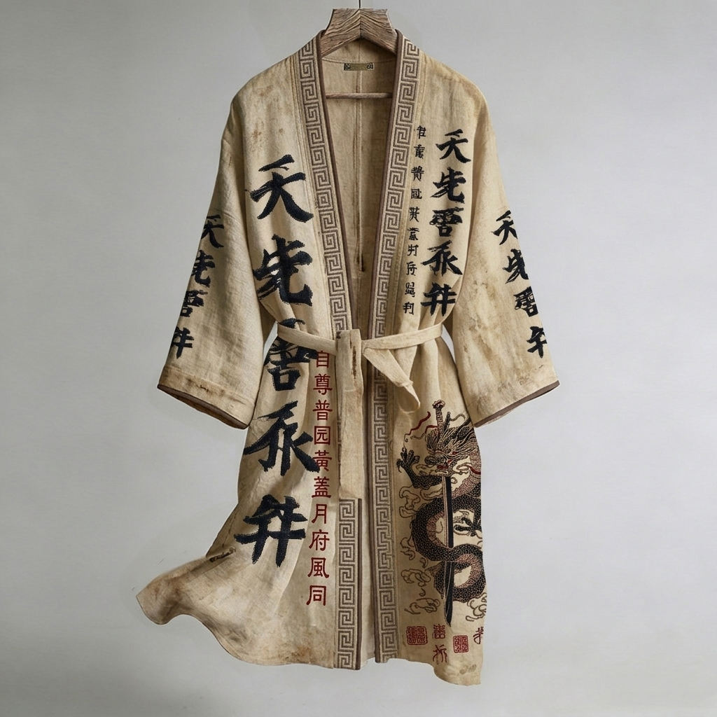 Retro Japanese Dragon Sword And Calligraphy Art Pattern Linen Blend Kimono