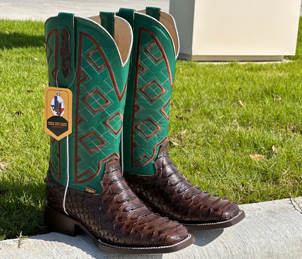 Mens Brown Python Leather Boots With Green Shaft