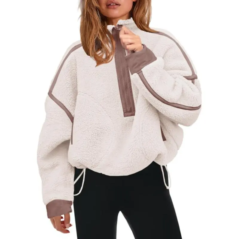Women's Half Zip Sherpa Fleece Color Block Pullover Soft Oversized Sweatshirt