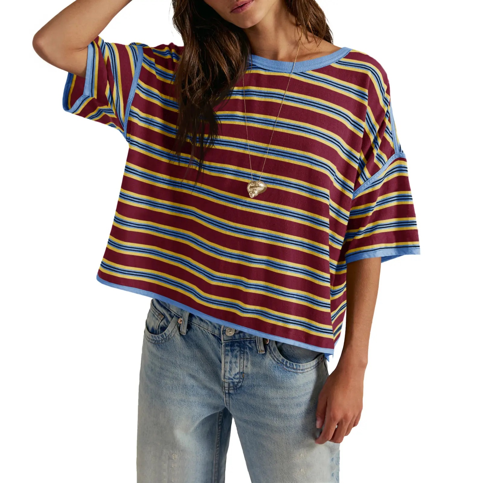 🎨🎨🎨Women's Striped Oversized Crewneck T-Shirt
