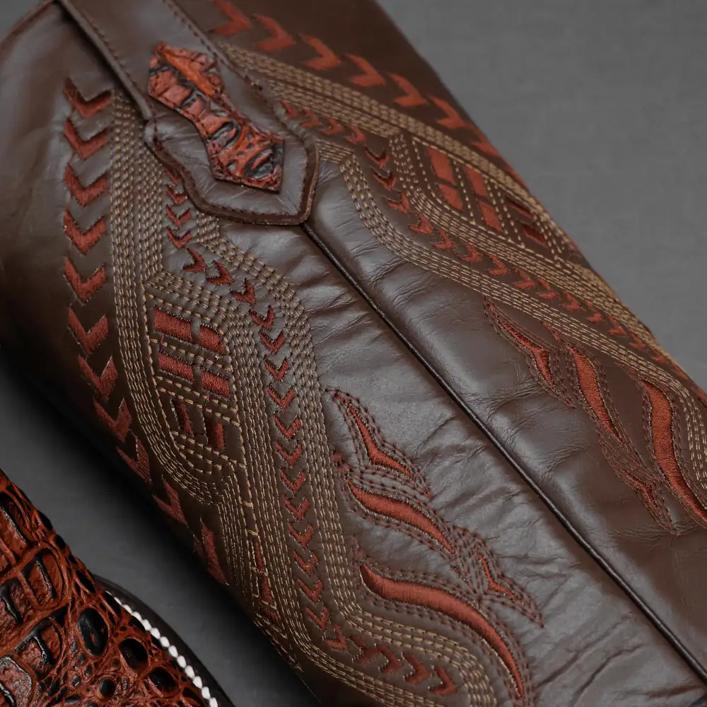 Cognac Caiman Neck Leather Boots - Square Toe