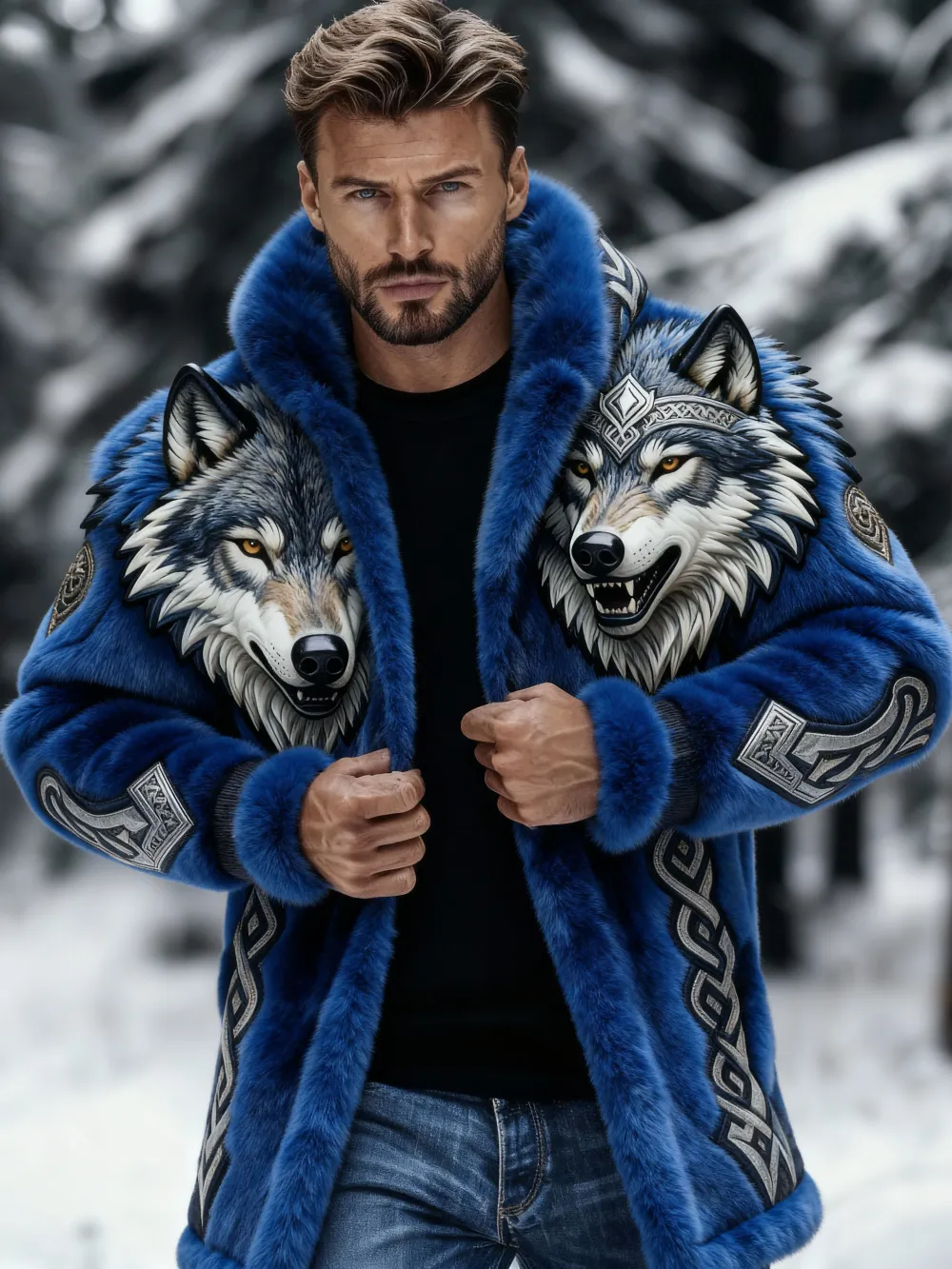 Men's Vintage Viking Wolf Warm Fur Coat