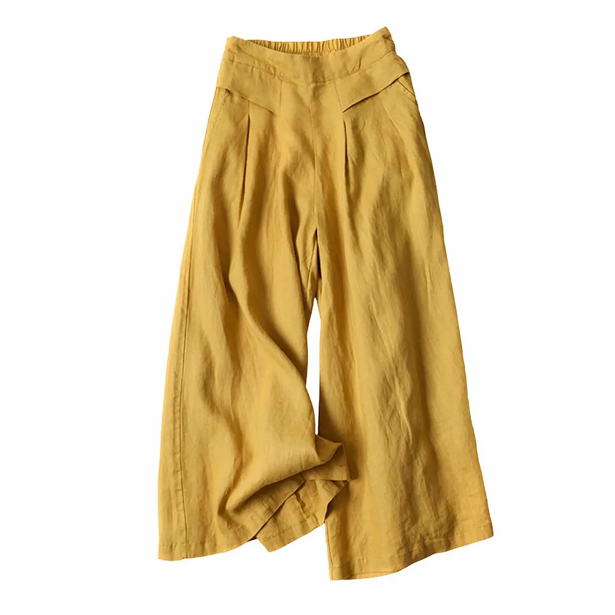 【Stock Up Deals】Women's Cotton Linen Culottes Pants Elastic Waist Wide Leg Palazzo Trousers Capri Pants with Pockets