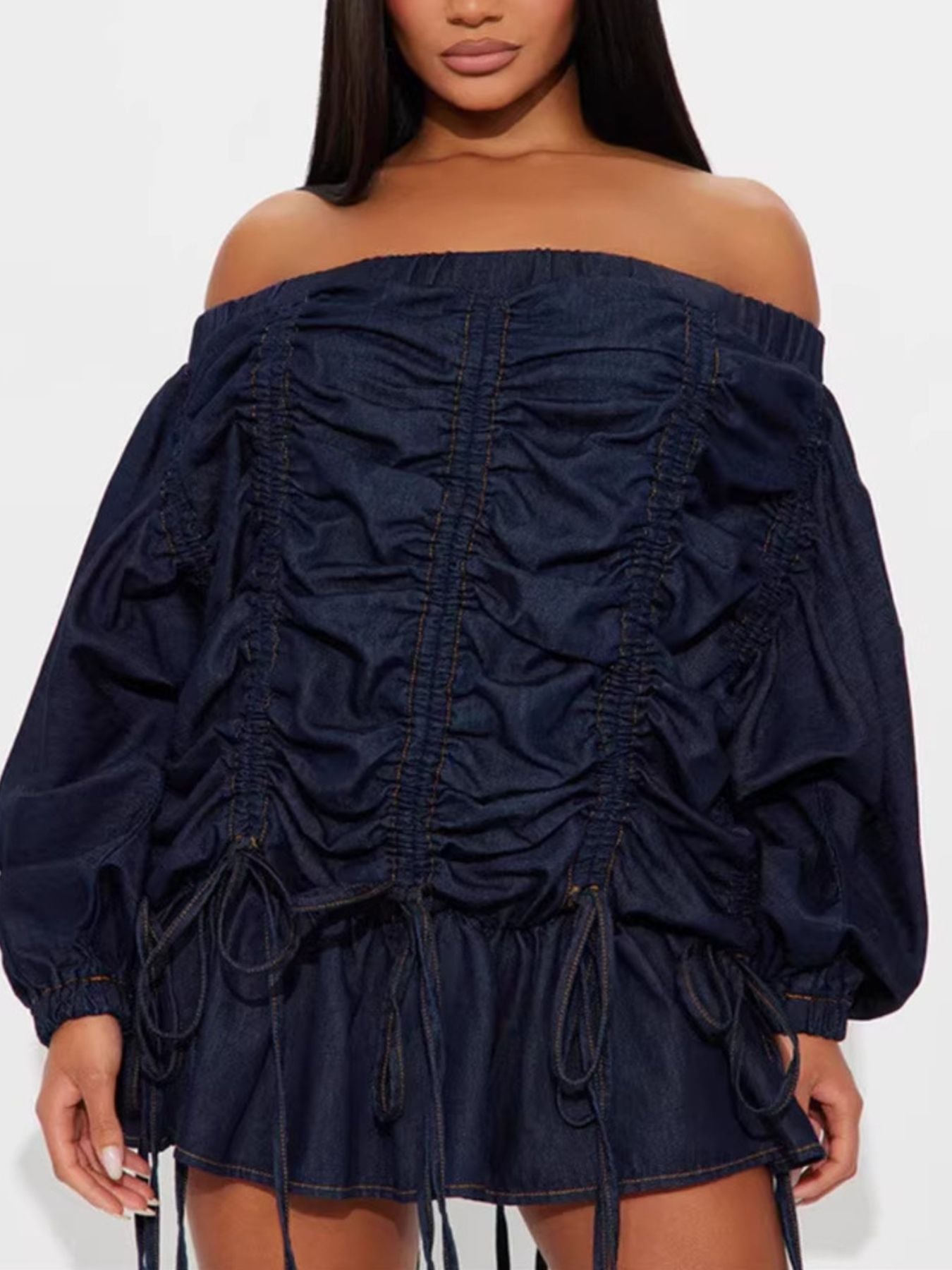 Off-Shoulder Ruched Denim Dress