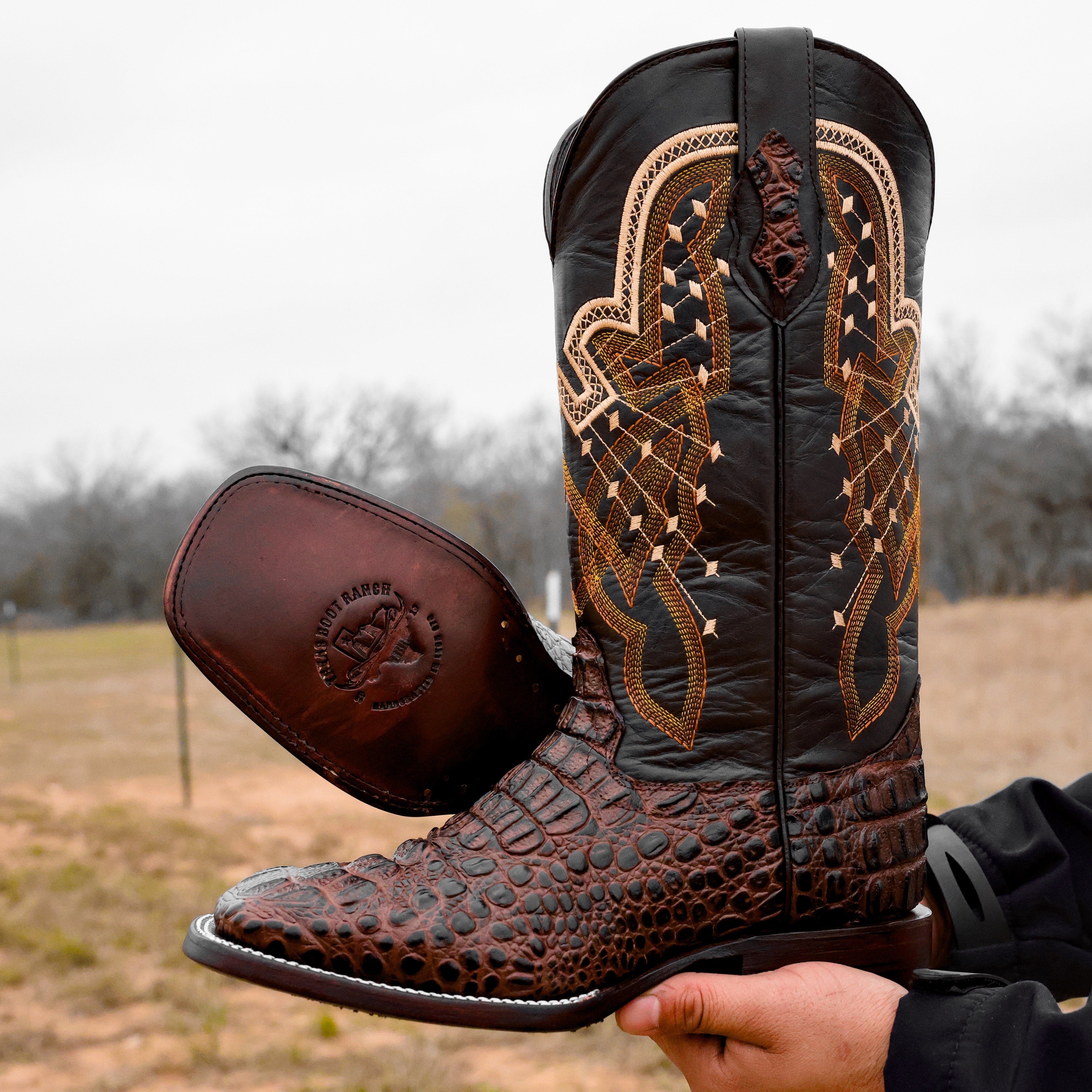 Chocolate Brown Caiman Neck Leather Boots - Square Toe