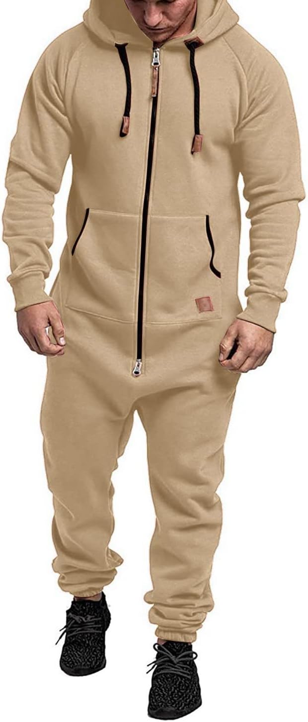 Mens Fleece Lined Hooded Jumpsuit Full Zip Up One Piece Pajamas Onesie Overalls Rompers Playsuit Jogging Sweatsuits