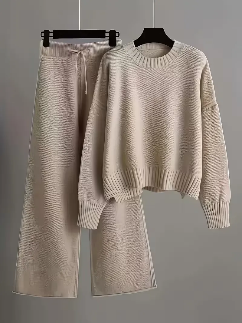 Elegant Seed Stitch Knit Sweater & Wide-Leg Pants Two-Piece Set