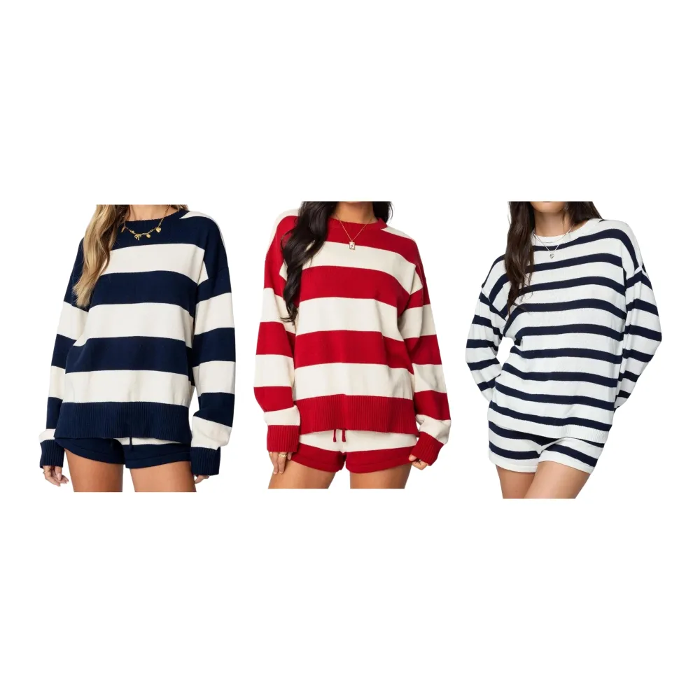 Women Striped Knit Sweater Set 2 Piece Outfit