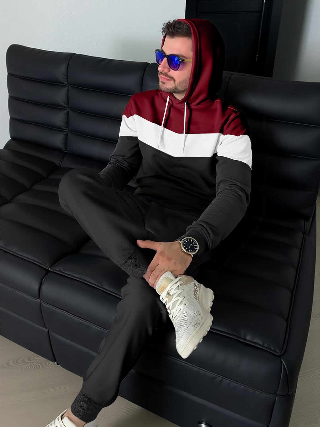 Men's Hoodie Tracksuit 2 Pieces Set Novelty Color Block Pullover Fleece Hoodies Long Sleeve Casual Sweatshirt