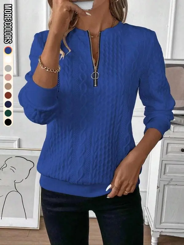 Women'S Plain Textured Half Zip Up Sweatshirt