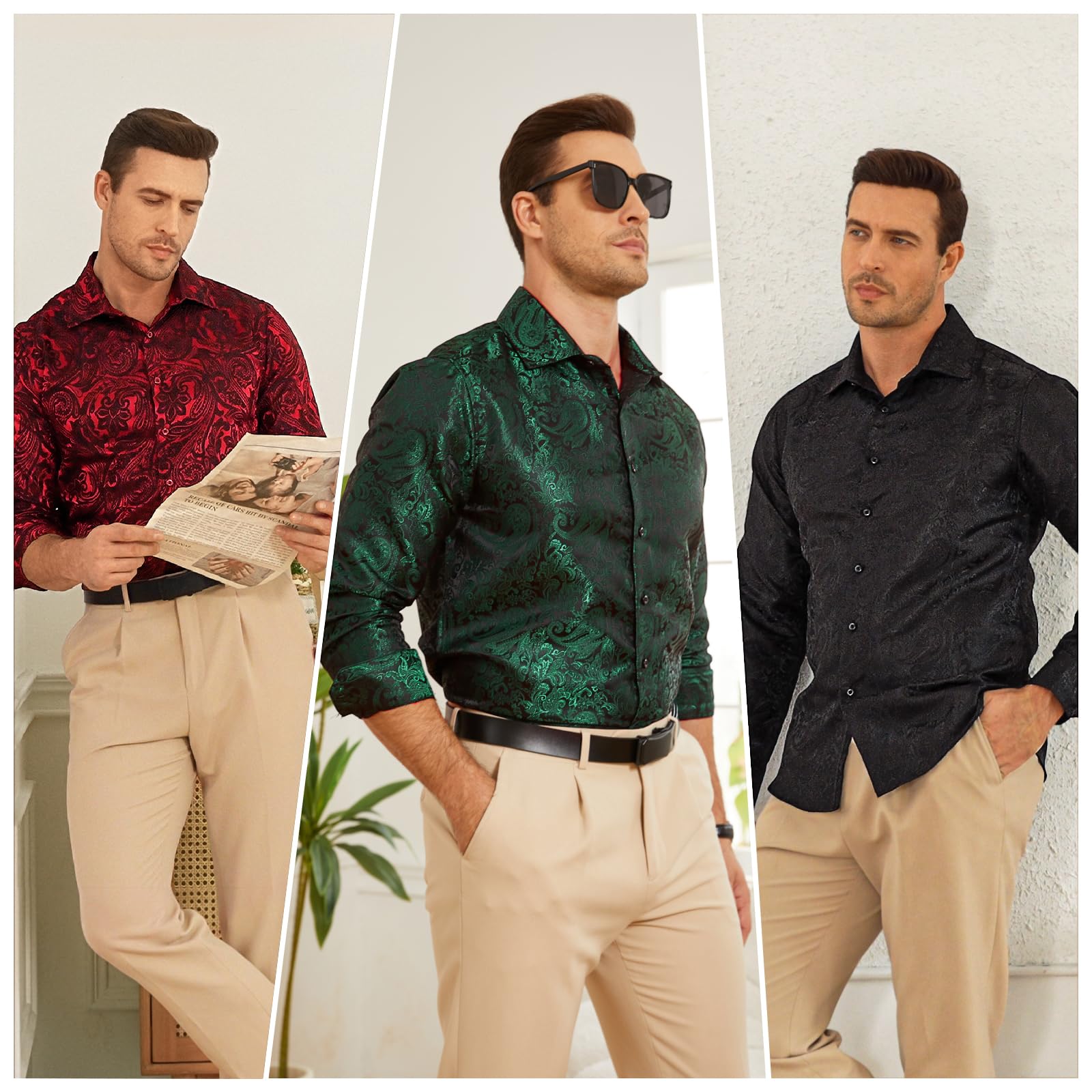 Men's Paisley Dress Shirt Long Sleeve Wrinkle Free Button Down Cowboy Shirts - Red&black&paisley