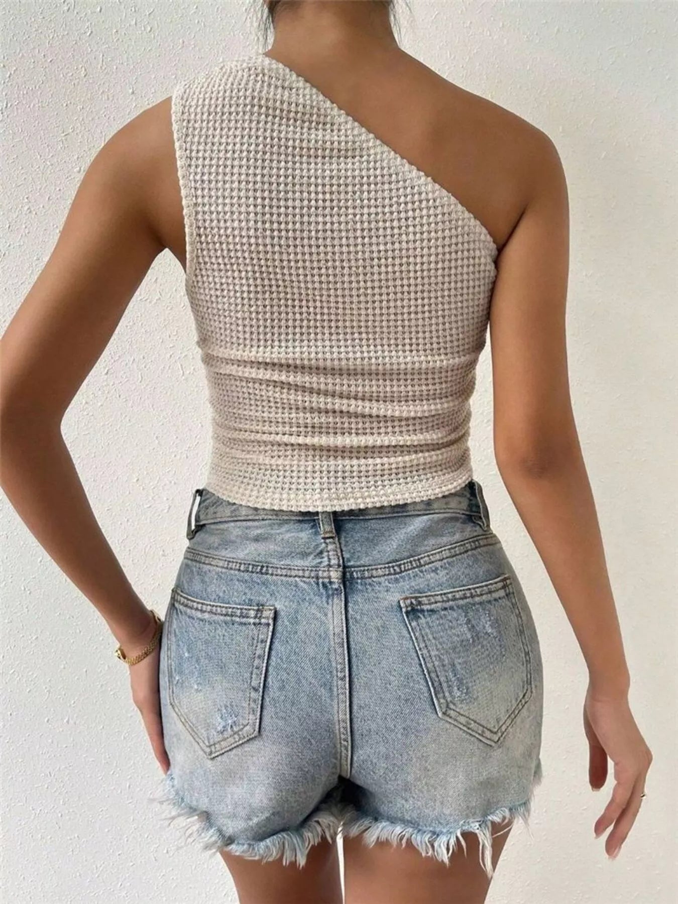 Textured Waffle Knit One-Shoulder Tank